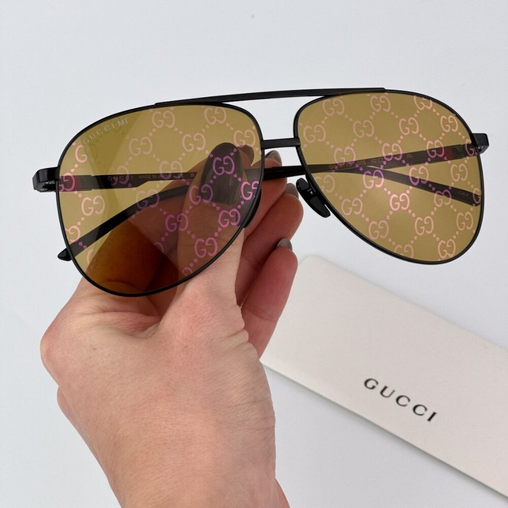 Gucci GG1677S 005 BRAND NEW Sunglasses Black Yellow Mirror Logo Pilot Unisex